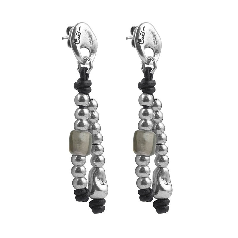 CICLÓN™ Long Black Leather Dangling Earrings with Murano Glass Bead Push Back Closure